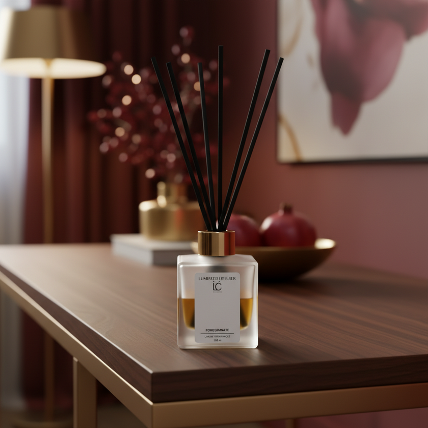 Pomegranate LUMI Reed Diffuser styled in a home lifestyle setting