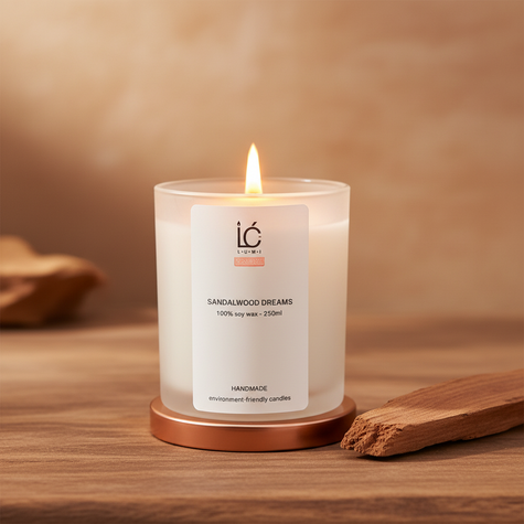 Lit Sandalwood Dreams woody scented candle in a frosted glass jar with rose gold lid, styled with sandalwood on a wooden table