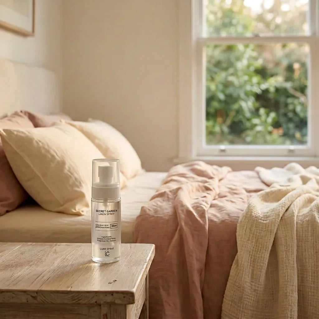 Secret Garden LUMI Room and Linen Spray (100ml) bottle styled on a nightstand in a pink and cream-linen daylight bedroom scene
