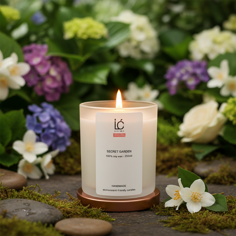 Lit Secret Garden Scented Soy Candle in a frosted glass jar with rose gold lid, label reading Secret Garden 100% soy wax 250ml, surrounded by white jasmine, purple hydrangea, and roses on moss and stones in a garden setting