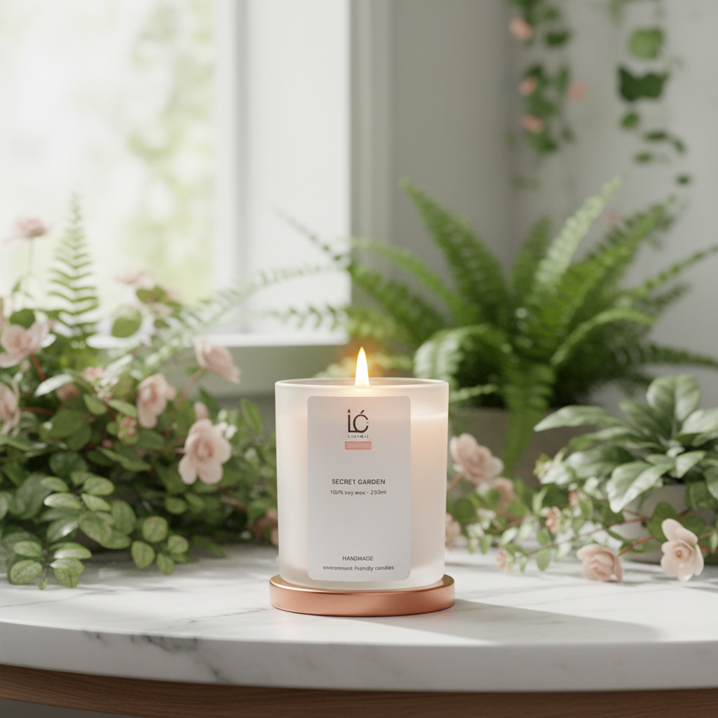 Lit Secret Garden Scented Soy Candle with rose gold base on a marble table, surrounded by ferns and pink flowers near a sunlit window