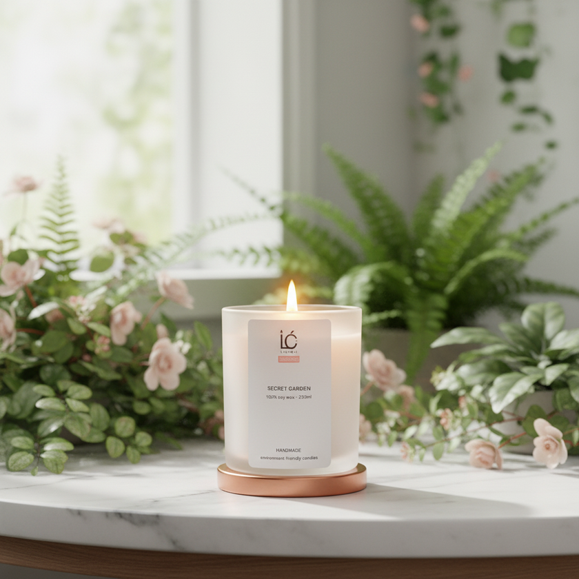 Lit Secret Garden Scented Soy Candle with rose gold base on a marble table, surrounded by ferns and pink flowers near a sunlit window