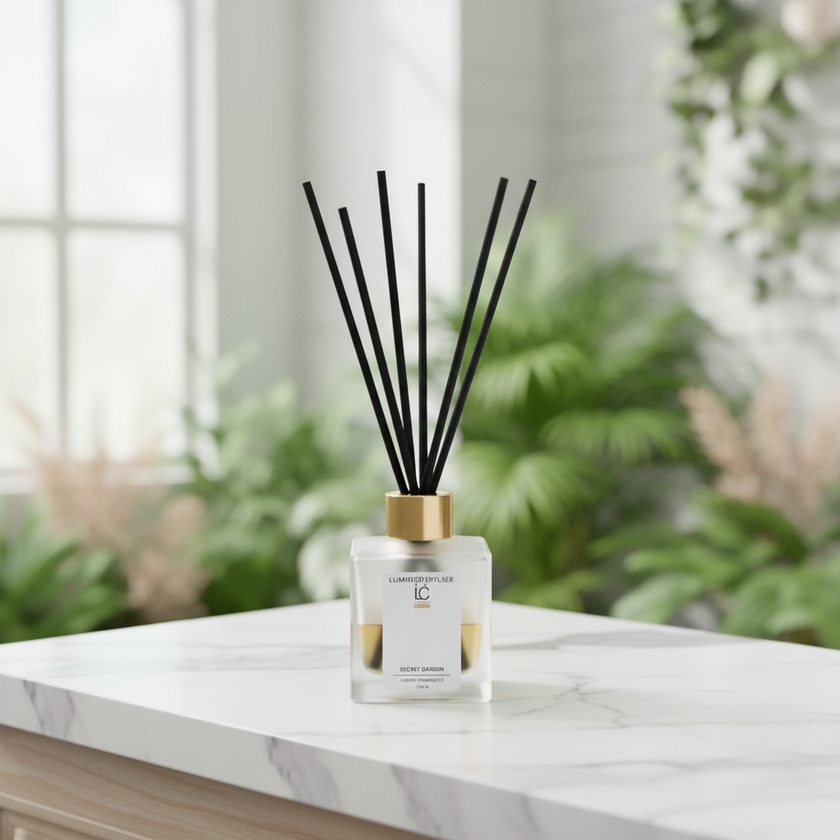 Secret Garden LUMI Reed Diffuser styled in a home lifestyle setting