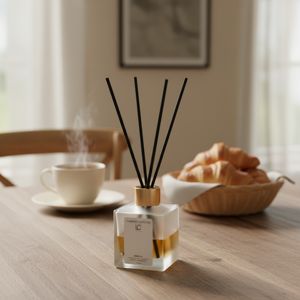 Vanilla LUMI Reed Diffuser styled in a home lifestyle setting