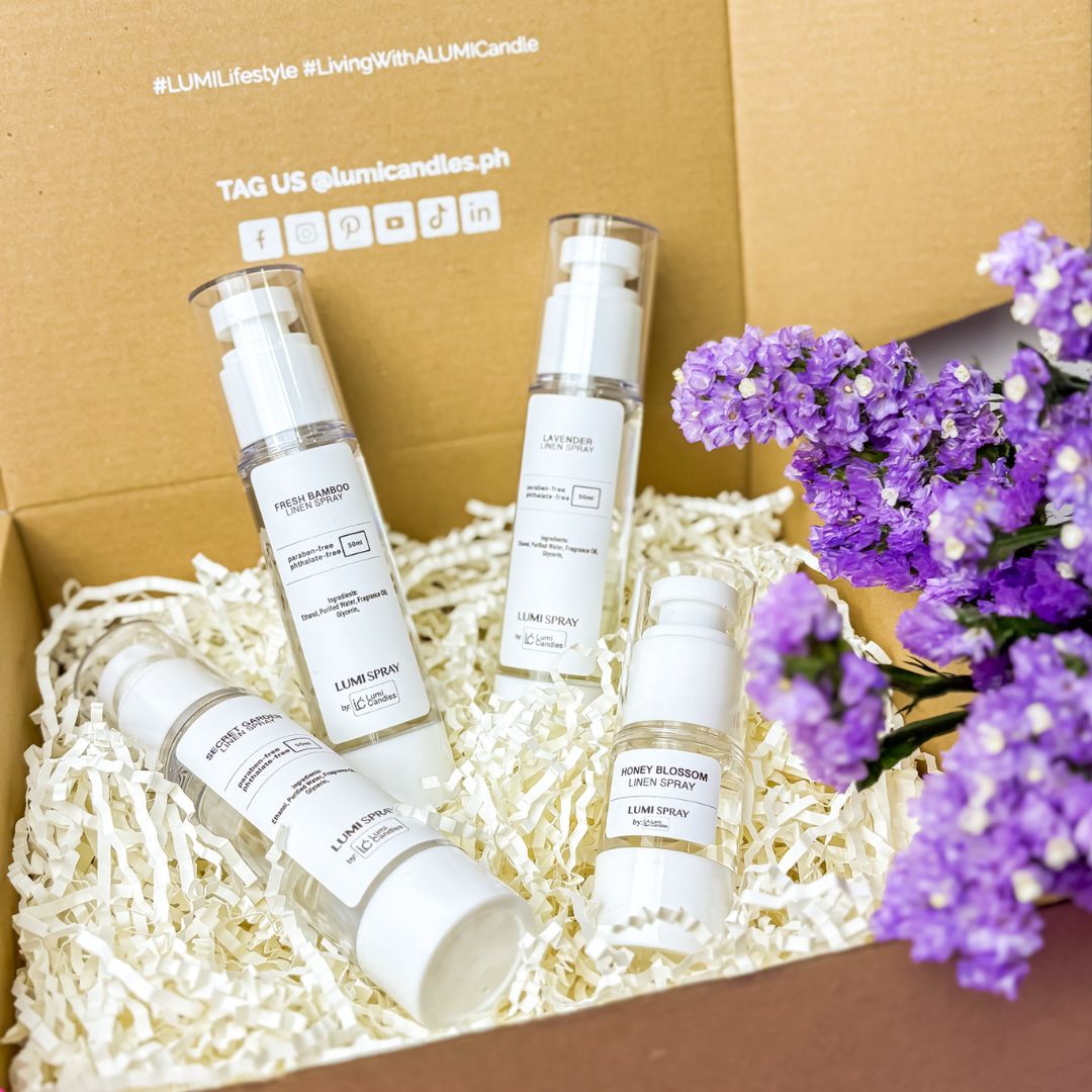 Lumi Candles Linen Spray Bundle in the scent of Lavender, Fresh Bamboo, and Secret Garden with 15ML Honey Blossom Linen Spray 