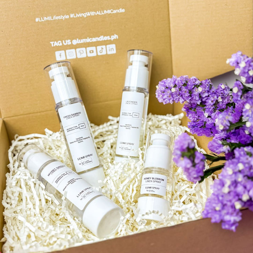 Lumi Candles Linen Spray Bundle in the scent of Lavender, Fresh Bamboo, and Secret Garden with 15ML Honey Blossom Linen Spray 