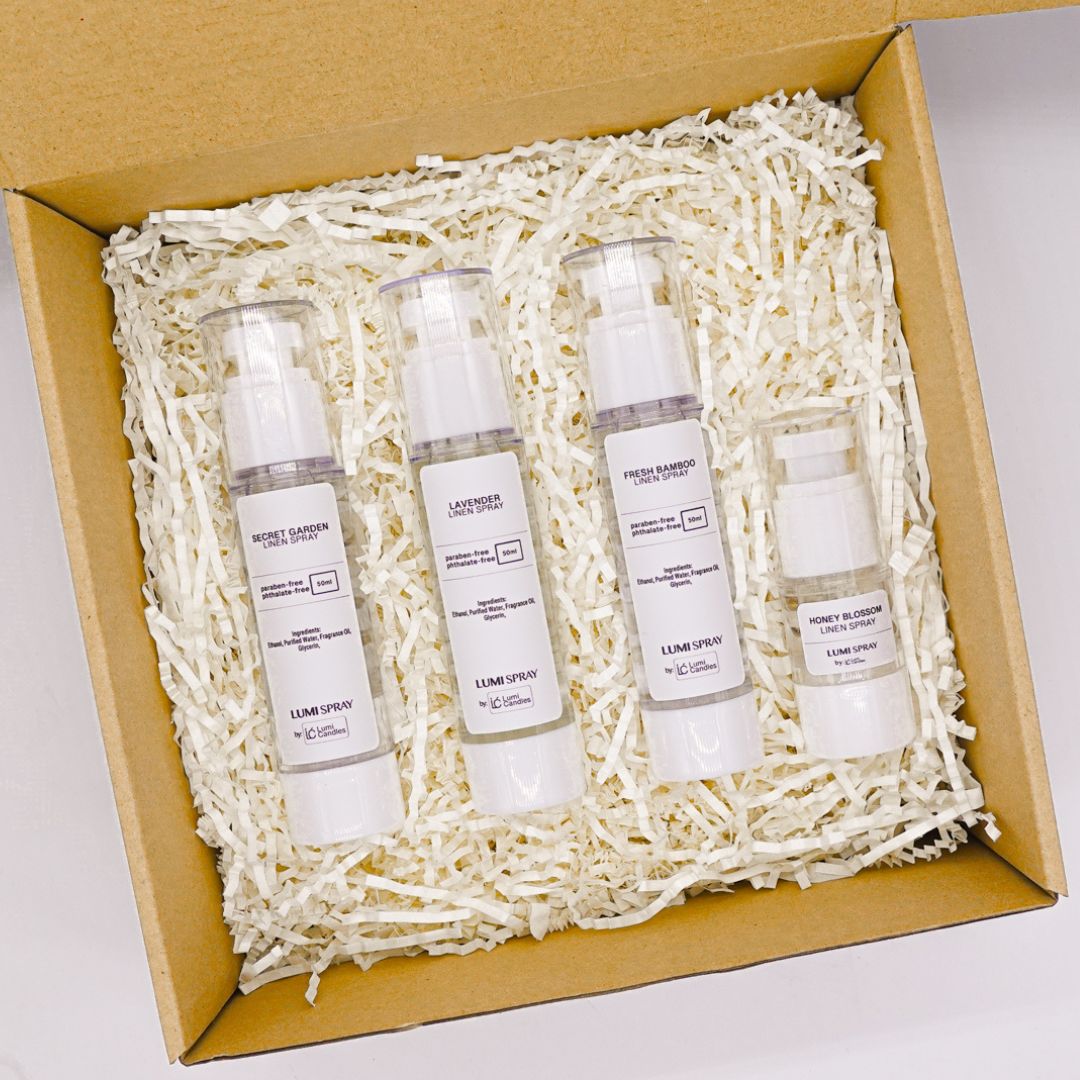 Lumi Candles Linen Spray Bundle in the scent of Lavender, Fresh Bamboo, and Secret Garden with 15ML Honey Blossom Linen Spray 