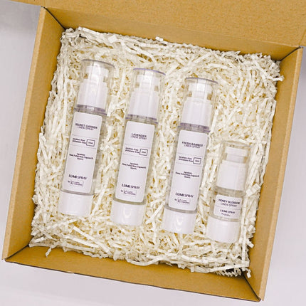 Lumi Candles Linen Spray Bundle in the scent of Lavender, Fresh Bamboo, and Secret Garden with 15ML Honey Blossom Linen Spray 
