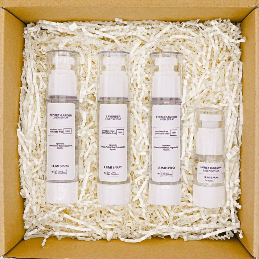 Lumi Candles Linen Spray Bundle in the scent of Lavender, Fresh Bamboo, and Secret Garden with 15ML Honey Blossom Linen Spray 