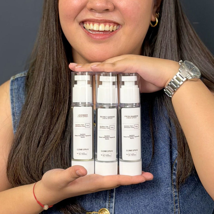 Lumi Candles PH womens month bundle consists with 100ml linen spray in the scent of Lavender, Fresh Bamboo, and Secret Garden