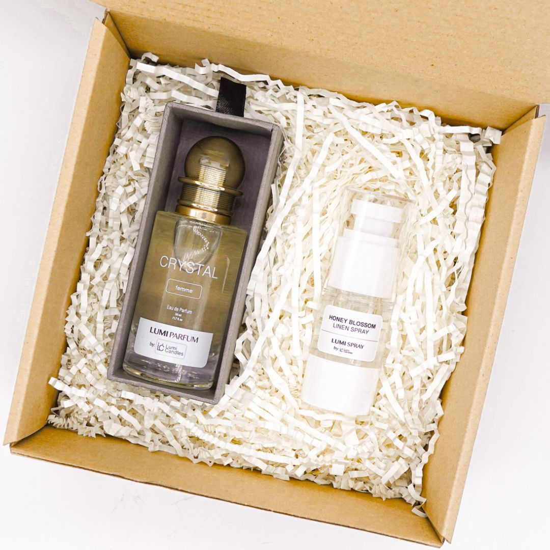 Lumi Candles PH Women's Month Parfum Pour Femme in Crystal Scent and 15ML Linen Spray Bundle. 