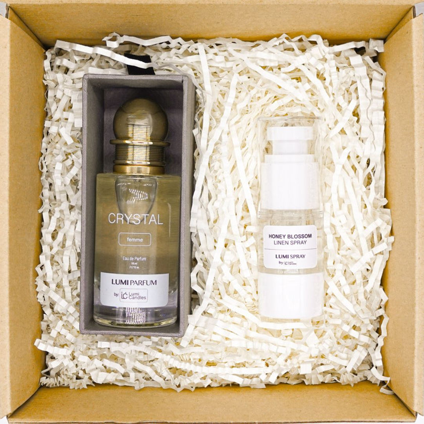 Lumi Candles PH Women's Month Parfum Pour Femme in Crystal Scent and 15ML Linen Spray Bundle. 