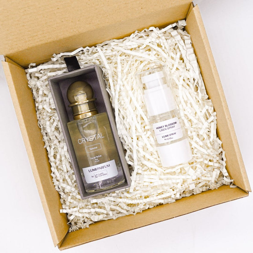 Lumi Candles PH Women's Month Parfum Pour Femme in Crystal Scent and 15ML Linen Spray Bundle.