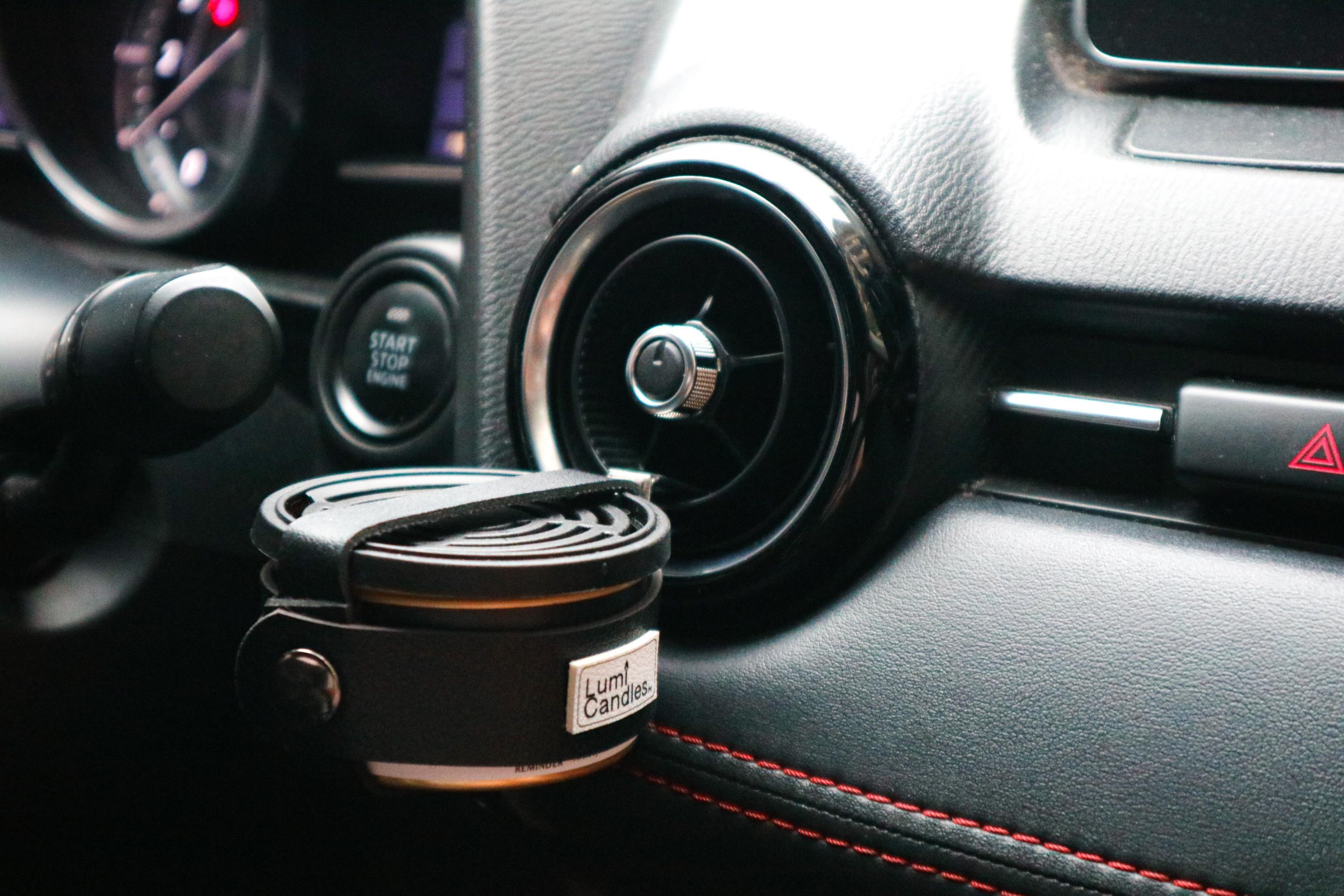 Black leather strap for car air freshener by LUMI Candles PH